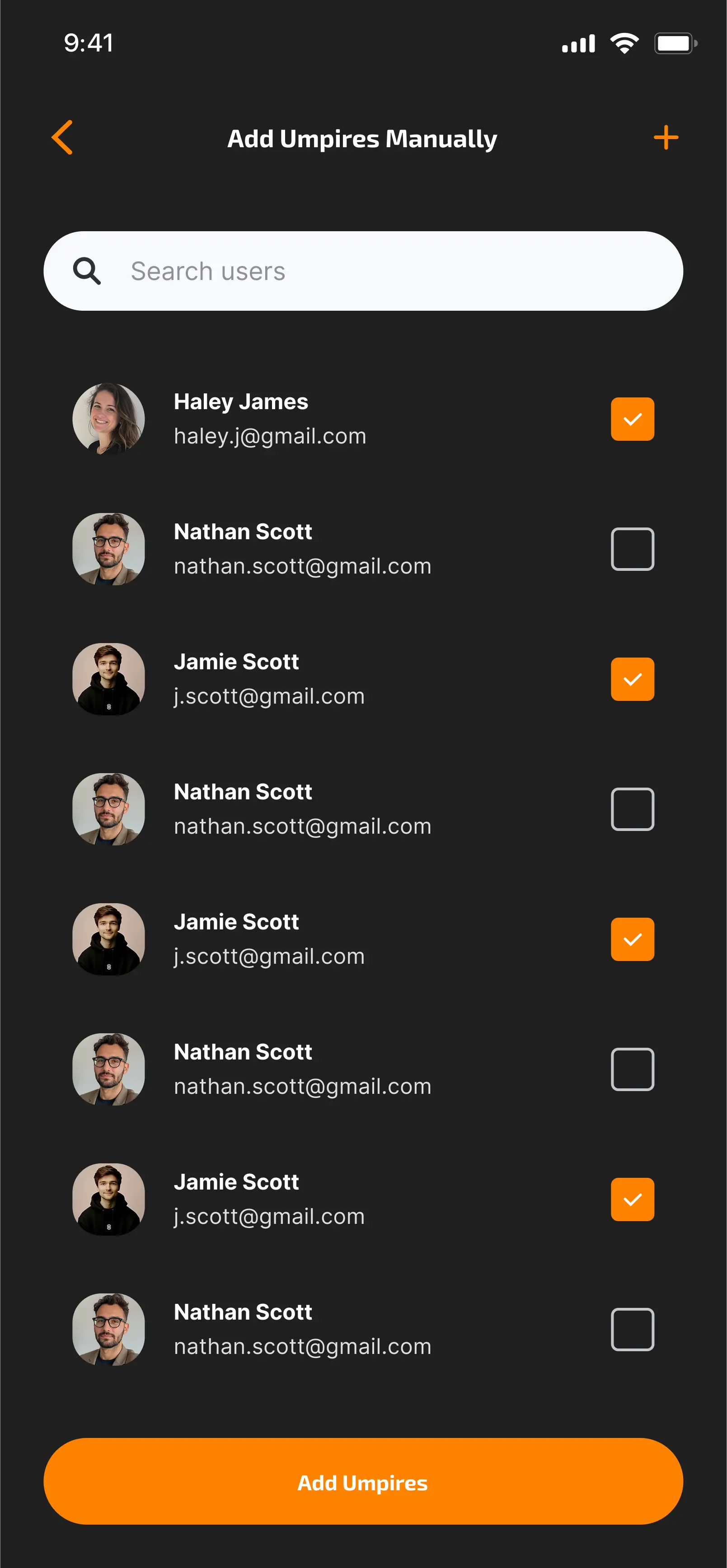 Creating Tournament - Add umpires manually screen